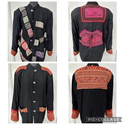 CHAQUETA REVERSIBLE VINTAGE AÑOS 70 HECHA A MANO TRIBU TAILANDESA HMONG HILL BORDADA L XL Foto 1 de 4