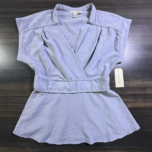 Monteau Los Angeles Womens Top XL Light Blue V-Neck Short Sleeve Blouse - Picture 1 of 4