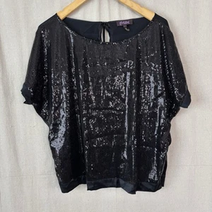 Hale Bob Full Front Sequins Top Women Large Black Satin Back Disco Whimsigoth - Picture 1 of 9
