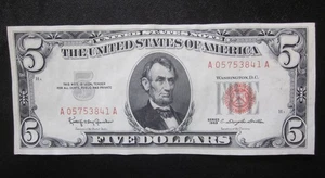 1963 $5 FIVE DOLLARS Red Seal Legal Tender NOTE OLD US XF/VF+ Banknote - Picture 1 of 2