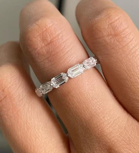 1.60Ct Emerald Cut Created Diamond Stack Band Wedding Ring 14K White Gold Finish - Picture 1 of 5