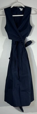 J By J Crew Dress Women’s Size 00 Navy Blue Cotton Wrap Midi Dress Back Bow - Изображение 1 из 4
