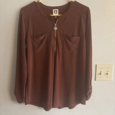 Anne Klein Linen Blend Top Womens Large 1/4 Zip 3/4 Sleeves Gold Hardware - Image 1 of 4
