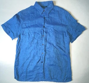 Perry Ellis Pure Linen Blue Shirt Sz Lrg Button Up Short Sleeve Collared Casual - Foto 1 di 9
