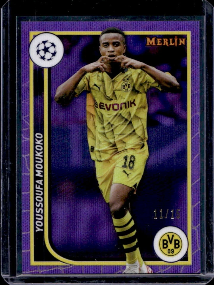 2023-24 Topps Chrome Merlin UEFA Youssoufa Moukoko Purple Wave Refractor #11/15 - Image 1 of 2