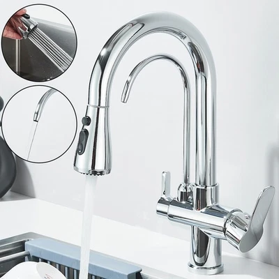 3 Way Kitchen Sink Mixer Tap Filter Pure Water Pull Out 360° Dual Spout Chrome - Image 1 of 4