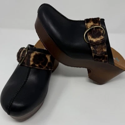 Baretraps Belita Black and Brown Women's Clogs Size 8 Vegan Animal Print Buckle - Image 1 of 4