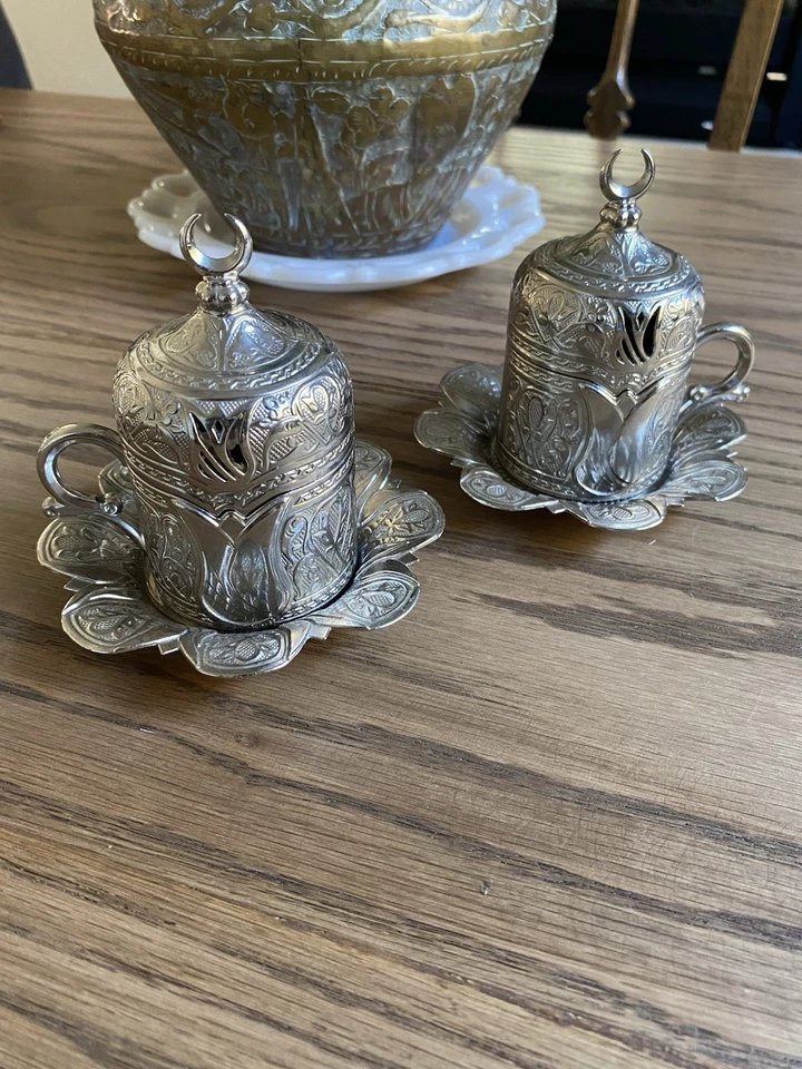 Турецкий османский кофейный набор чайная чашка и блюдца с крышкой металлический рукав чашки комплект - Изображение 1 из 4