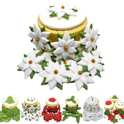 EXQUISITE SUGAR ROSES 12 x White Poinsettia Edible Christmas Cake Cupcake Topper Decorations