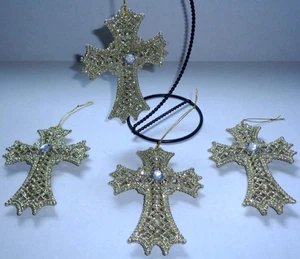 4 Vintage Christmas Ornaments Cross Gold Glitter Shatterproof Rhinestone 5.5" - Picture 1 of 3