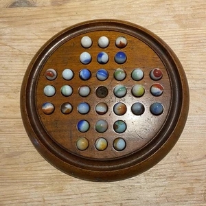 Victorian Mahogany Solitaire Board with 32 Marbles Peltier 9.5” Diameter - Picture 1 of 4