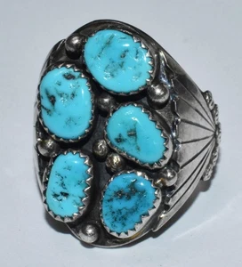 Vintage Navajo Sterling Silver Kingman Turquoise Men's oval Ring size 10 ~ 10.25 - Foto 1 di 7