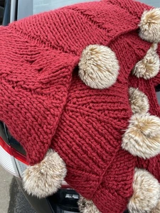 Pottery Barn Red Pom Pom Blanket 50x60 Red Faux Fur - Picture 1 of 3