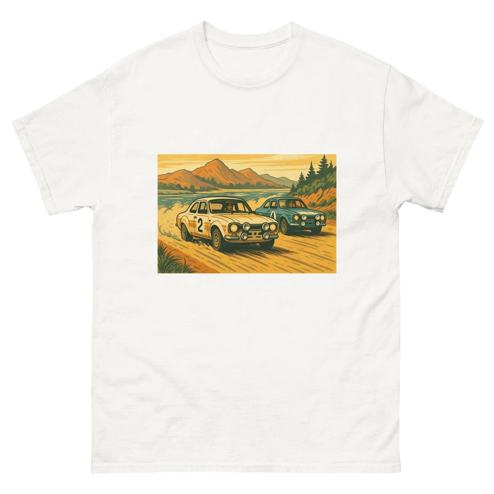Retro Rally Legends 1970 Ford Escort Car, Rally Stage Unisex camiseta clásica Foto 1 de 1