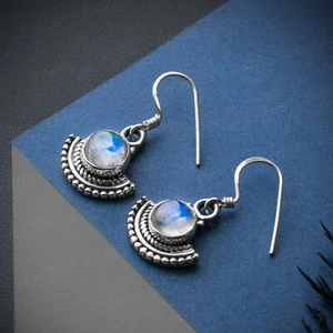 Sterling Silver Round Cut Moonstone Gemstone Drop Dangle Ladies Fan Earrings - Picture 1 of 5