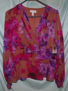 Sofia Jeans Purple Floral V-Neck Chiffon LS Blouse Size S NWT (P2L) - Picture 1 of 6