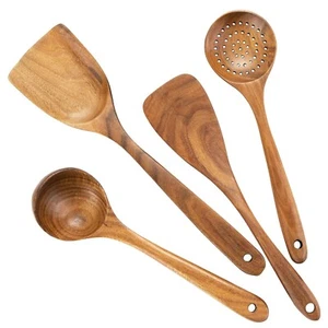 Utensilios de cocina de madera, cucharas de madera para cocinar utensilios de cocina antiadherentes con espátula - Imagen 1 de 6