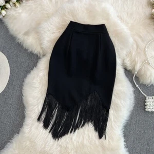 Women Black Tassels Midi Skirt Pencil Irregular Bodycon High Waist Sexy Party - Picture 1 of 11