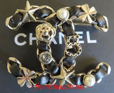 2021 AUTHENTIC CHANEL No. 5 Gold CC Lucky PIN BROOCH Black Leather Crystal Pearl - Изображение 1 из 4