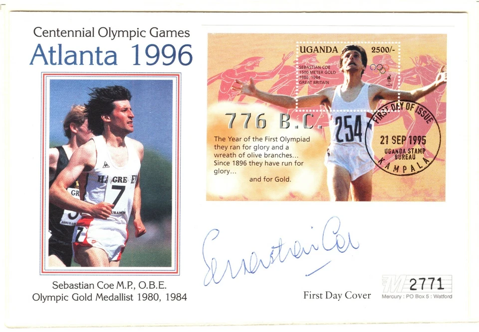 UGANDA Cubierta Kampala FDC Juegos Olímpicos Sebastian Coe Autógrafo DEPORTE 1995 AG321 Foto 1 de 3