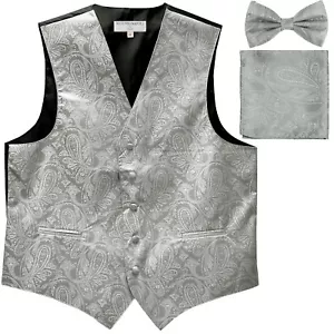Neu Polyester Herren Smoking Weste Weste & Fliege _ Taschentuch Paisley silber - Bild 1 von 5