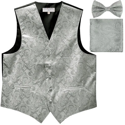  New Polyester Men's Tuxedo Vest Waistcoat & Bow tie_hankie Paisley Silver - Image 1 of 4