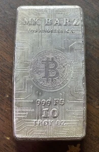 10 oz Hand Poured Silver Bar - Bitcoin MK Barz - Picture 1 of 5