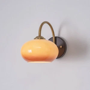 Vintage Orange Glass Wall Sconce Gooseneck Single Light Fixture with Wooden Base - Picture 1 of 8