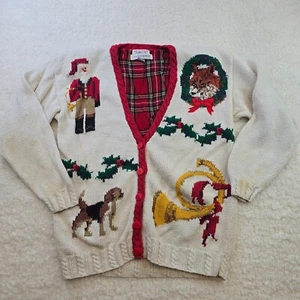 Vintage Talbots Knitted by Hand Medium Christmas Cardigan Sweater Plaid Granny - Picture 1 of 13