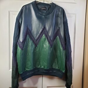 Vintage Saxony Green Leather/ Blue Suede Patched 80's Hip Hop Sweater Men's XL