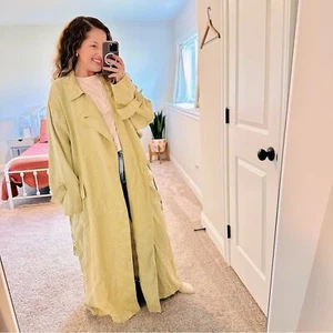 Vintage Go Linen Green Linen Long Line Trench Coat L/XL - Picture 1 of 12