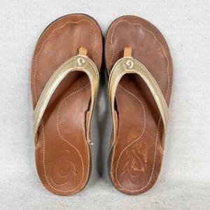 Olukai Womens 8 Kumu Sandals Shoes Gold Leather Thong Flip Flop Slip On Flats - Picture 1 of 11