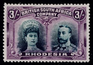 1910 Rhodesia Double Head 3/- RSC-A Var Gash in Ear Long Gash 1 VF MM - Picture 1 of 2