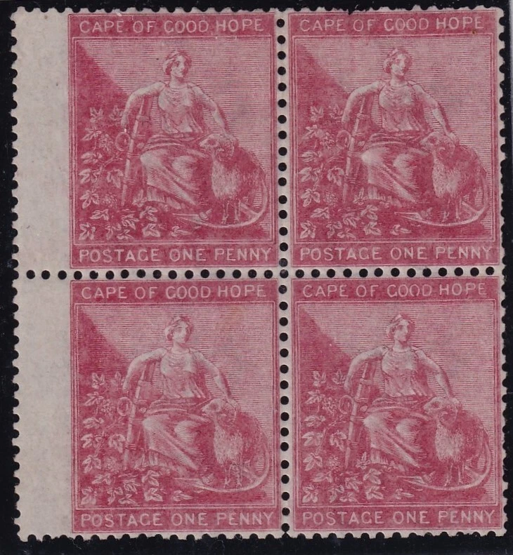 Cabo de Buena Esperanza QV SG23 1d rojo carmín - bloque de 4 - MNH y LHM - Cat £640 Foto 1 de 2