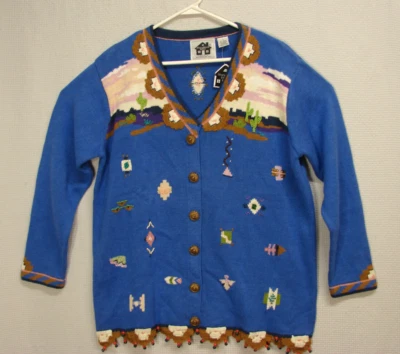 New Storybook Knits Navajo Country Southwestern Beaded Hem Cardigan Sweater L - Image 1 of 4