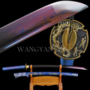 Elegante Katana Samurai Japonesa Azul Doblado Acero Battle Ready Full Tang Sword - Imagen 1 de 12
