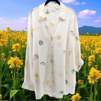 NWOT C&C California Linen Blend Embroidered Buttonup Resort Vacation 2X - Image 1 of 4