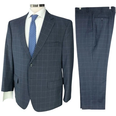 Jos A Bank Suit Mens 44S Drop 6 Navy Windowpane 2Pc 100% Wool Two Button - Image 1 of 4