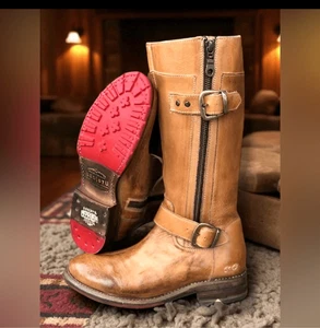 Bed|Stu $345 Gogo Lug Tan Rustic Leather Handmade Tall Boots Women’s Size 10 - Picture 1 of 17