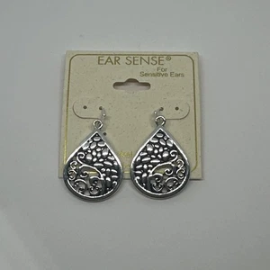 Ear Sense Silver Tone Teardrop Pebble Dangle Earrings HypoAllergenic Nickel Free - Picture 1 of 4