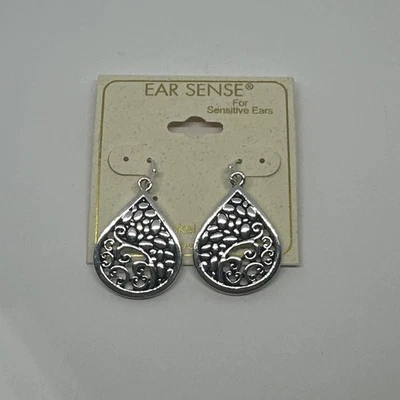 Ear Sense Silver Tone Teardrop Pebble Dangle Earrings HypoAllergenic Nickel Free - Image 1 of 4