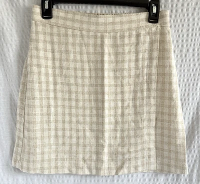 Mini falda envolvente sintética Max Studio para mujer mezcla de lino rayón talla pequeña beige a cuadros Foto 1 de 4