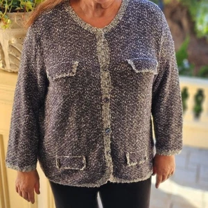 Sigrid Olsen Struktur Bouclé Strick Cardigan Pullover Damen 2X Blau/Grau - Bild 1 von 15