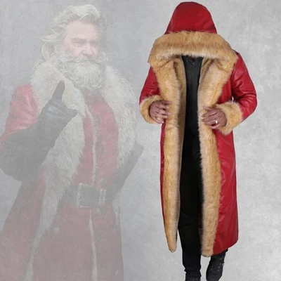Handmade Santa Leather Coat: Red Shearling Christmas Trench Coat With Faux Fur - Image 1 of 4