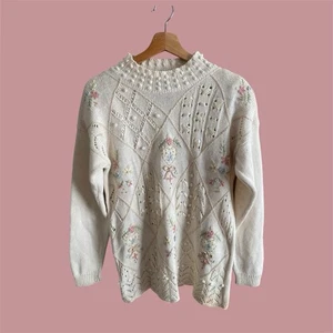 Suéter De Colección Beldoch Popper Cottagecore Mujer M Beige Floral Bordado Boho - Imagen 1 de 11