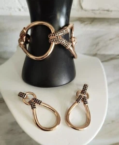 Giles & Brother G&B Rose Gold Cuff Link Bracelet w/ Dangling Loop Earrings Set - Picture 1 of 6