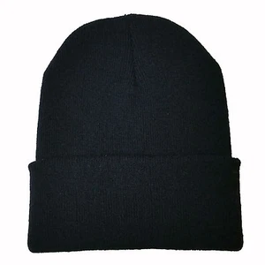 Black Knit Beanie with Cuff Ski Cap Skull Hat Warm Outdoor Sports Solid Wing - Picture 1 of 5