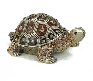 Bejeweled Enamel Trinket Jewelry Sea Turtle Box, Brown Top Opens w/ Magnet,4009b - Picture 1 of 1