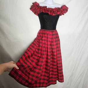 Vintage 70er Jahre rot kariertes Karo Rüschen A-Linie Midikleid - Bild 1 von 6