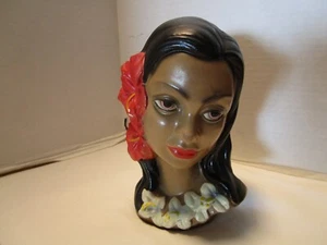 Busto Hula ragazza hawaiana vintage ceramica ibisco polinesiano 6,75"T anni 60 - Foto 1 di 10